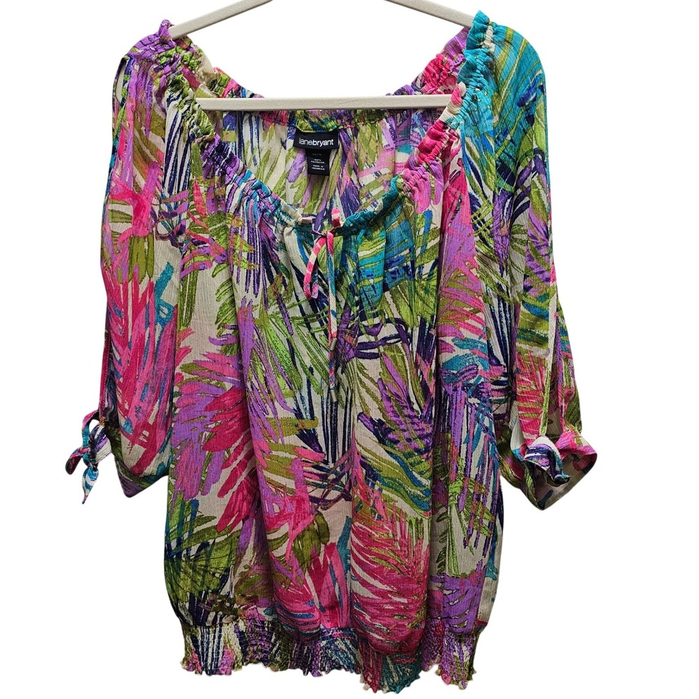 Womens Tropical Floral Print Smocked Hem Blouson Pink Green Blue Purple 14-16